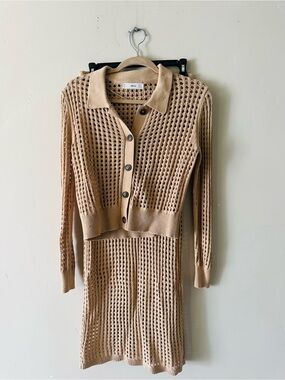 Mango Tan Open-Knit Button Cardigan and Skirt Set
